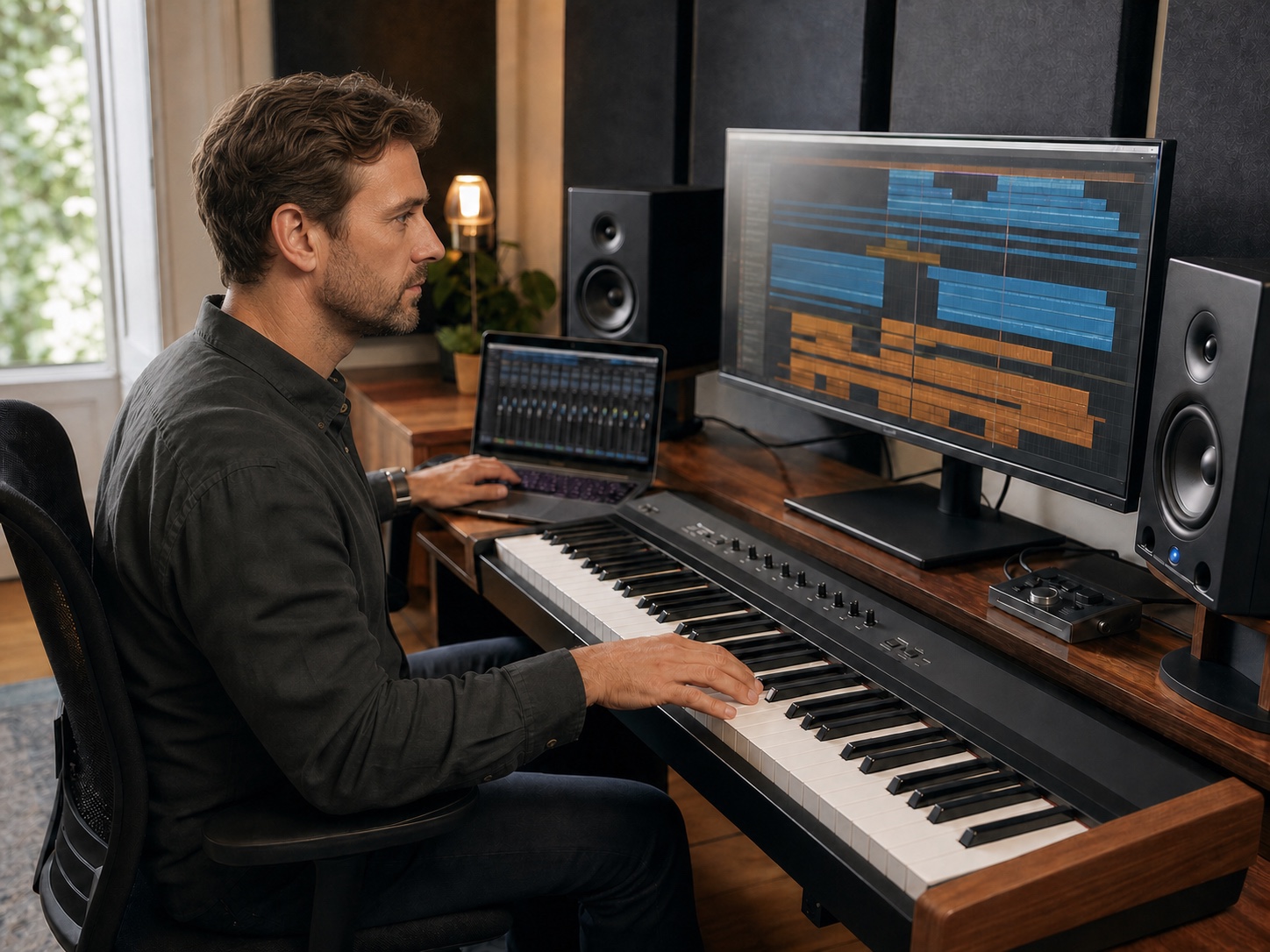 Musician working with split piano MIDI and production software on a laptop beside a MIDI keyboard.
