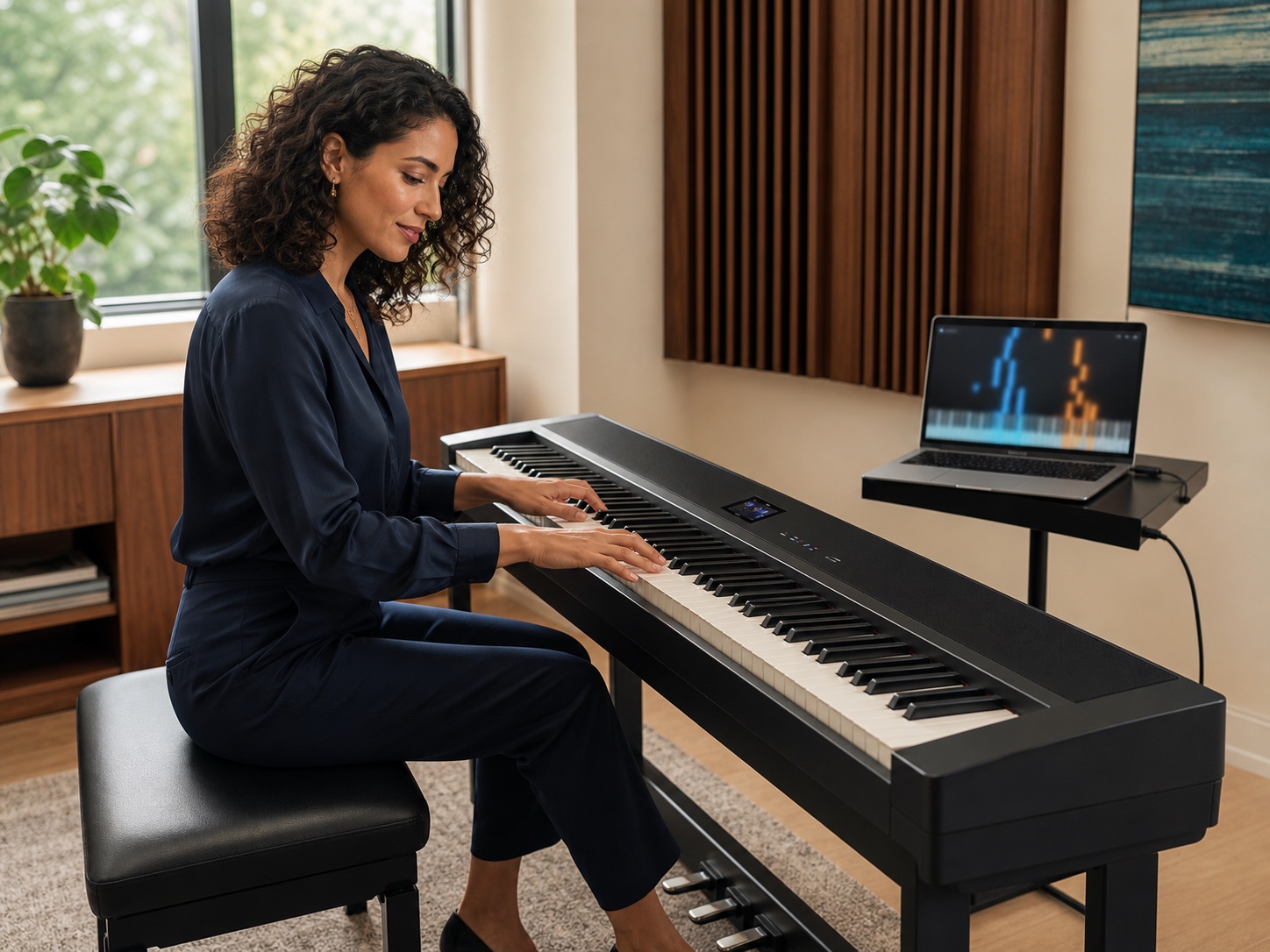 Adult pianist practicing on a digital piano while following a left-hand and right-hand split on a laptop.