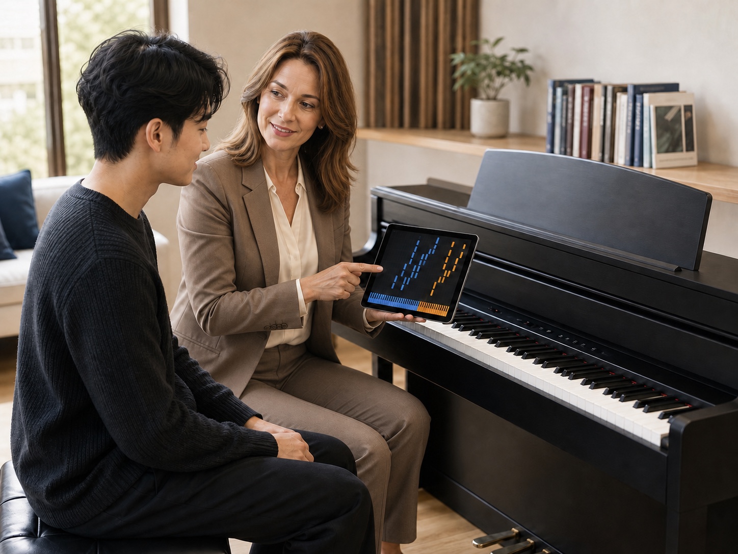Teacher showing a split piano MIDI visualization on a tablet beside a digital piano.
